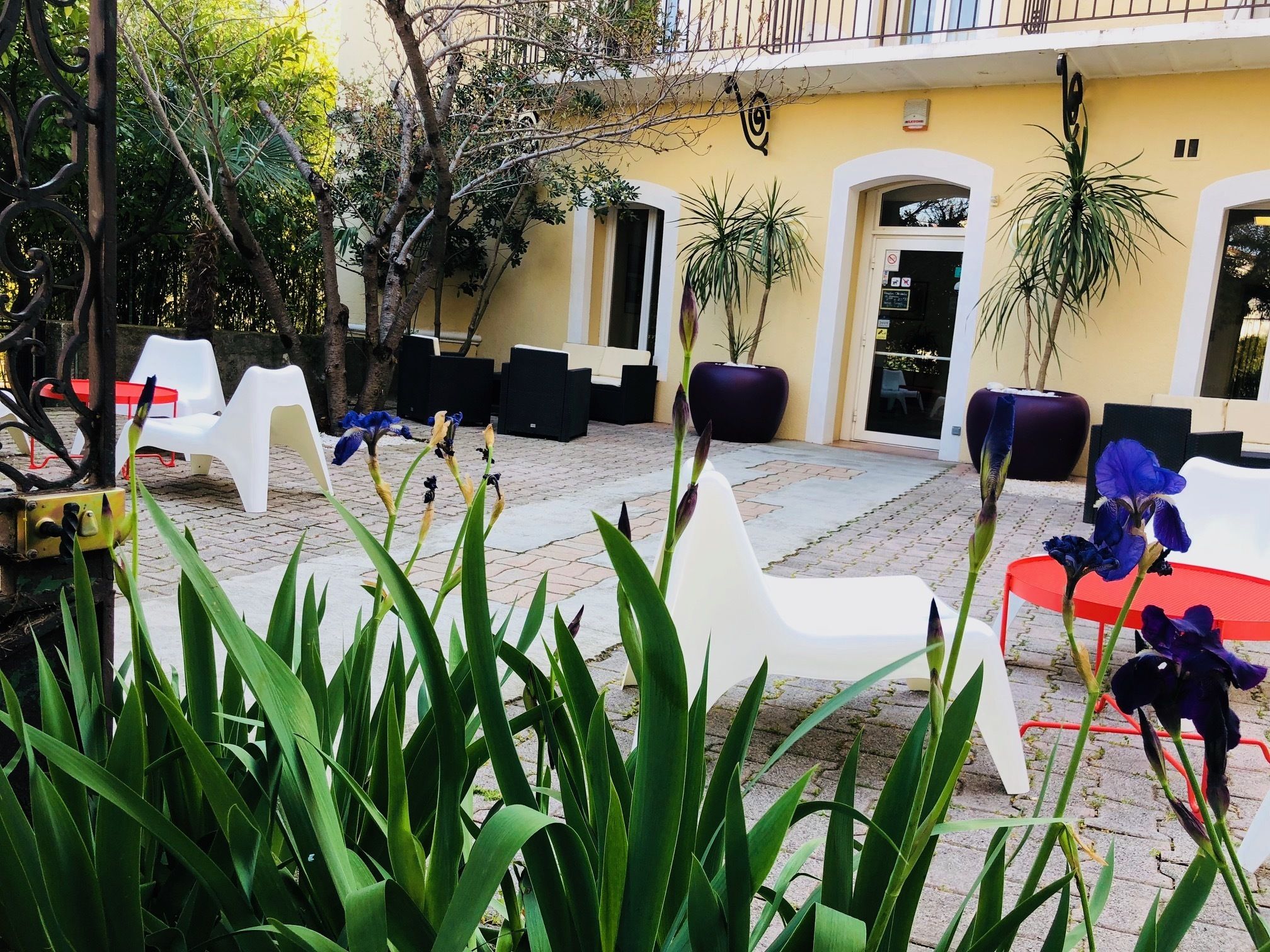 A courtyard with white plastic chairs, potted plants, and a yellow building with a balcony.