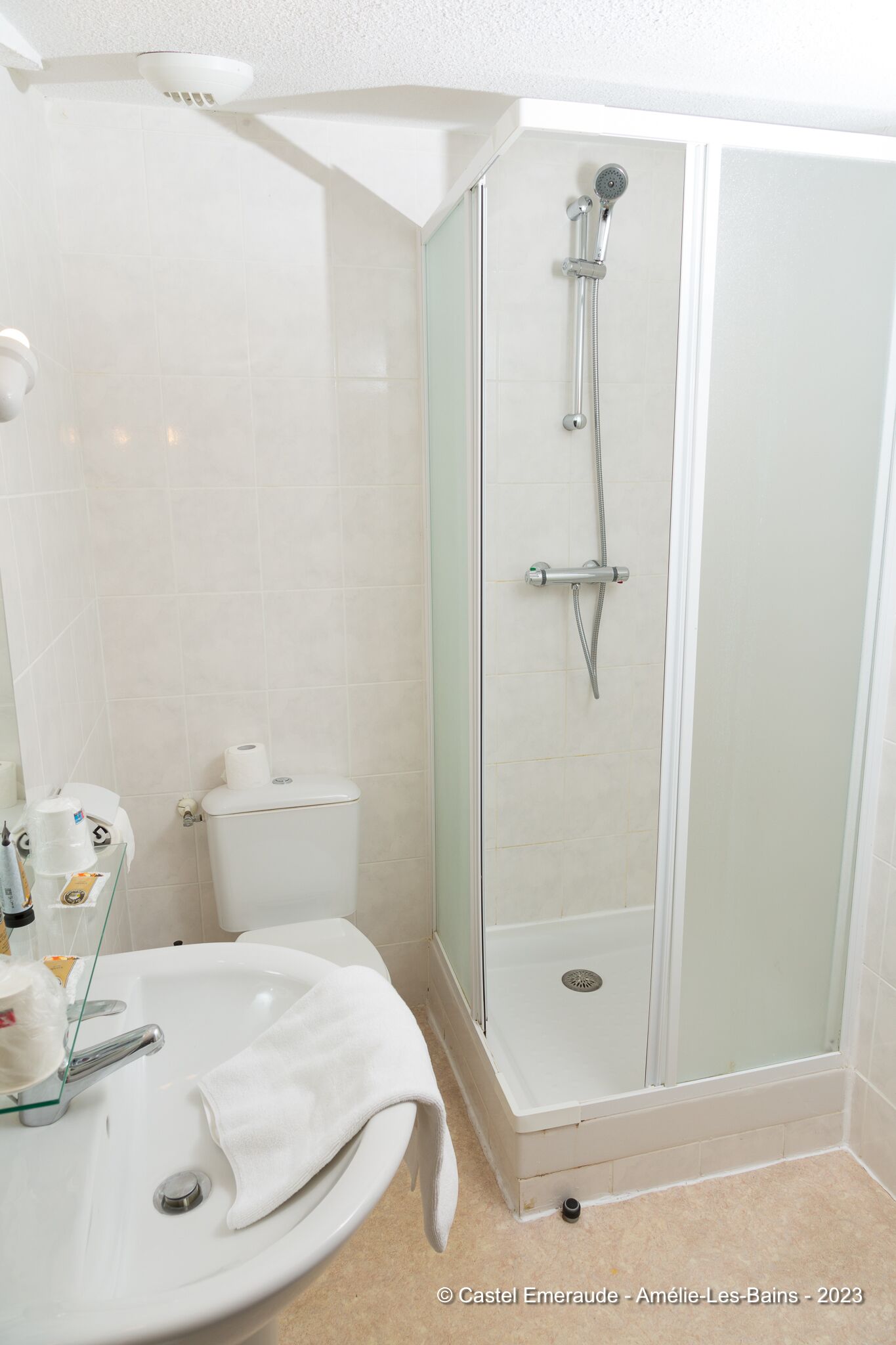 Un baño con ducha de vidrio, un lavamanos blanco con una toalla y un inodoro.