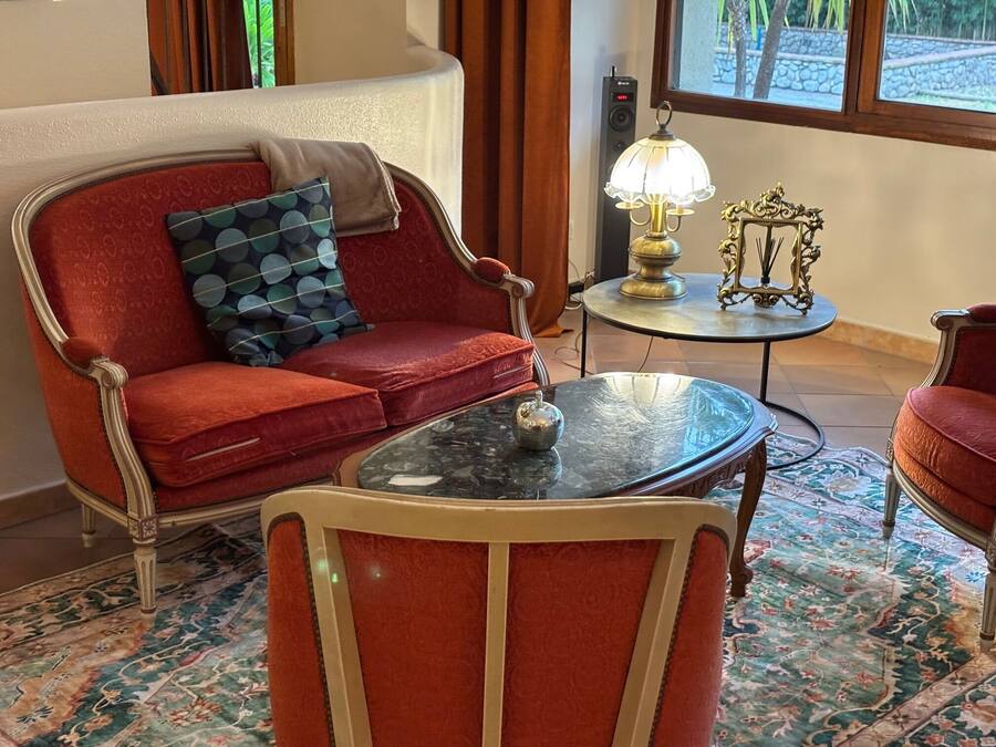Un canapé rouge agrémenté d’un coussin à motifs, une petite table ronde avec une lampe et une chaise recouverte d’un tapis à motifs.