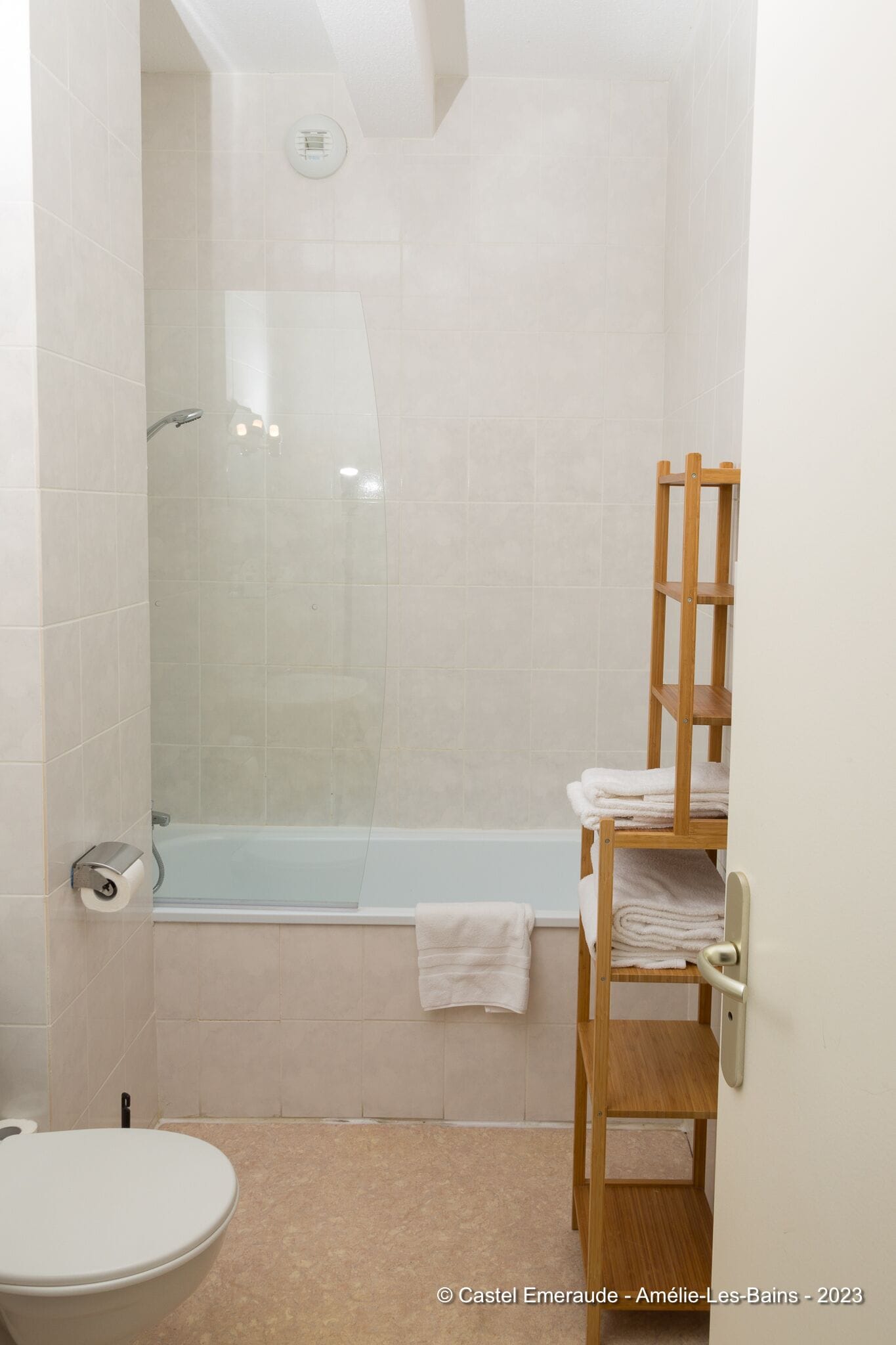 Une salle de bain comprenant des toilettes, une douche fermée par une paroi de verre et une étagère en bois où sont rangées les serviettes.