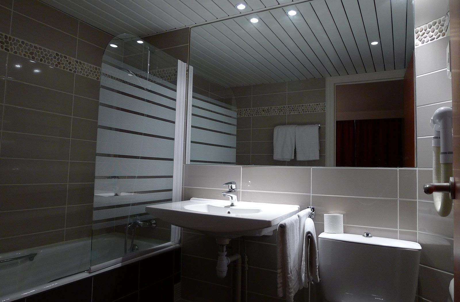 Un baño moderno con cabina de ducha de vidrio, un lavabo blanco y un inodoro.
