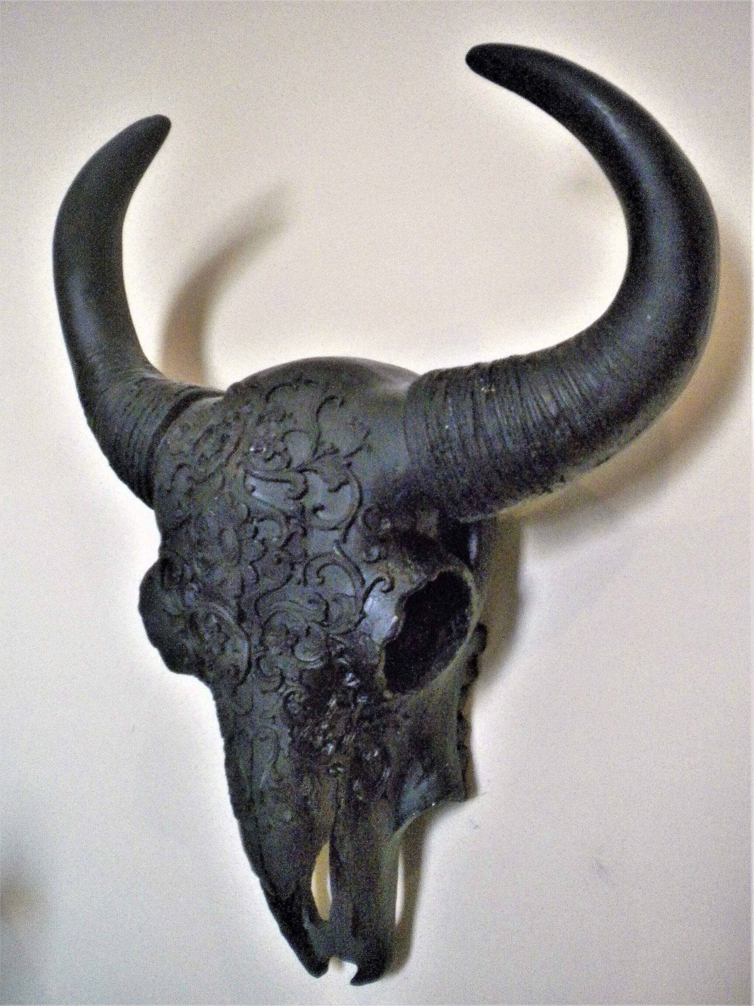 A skull with curved horns.