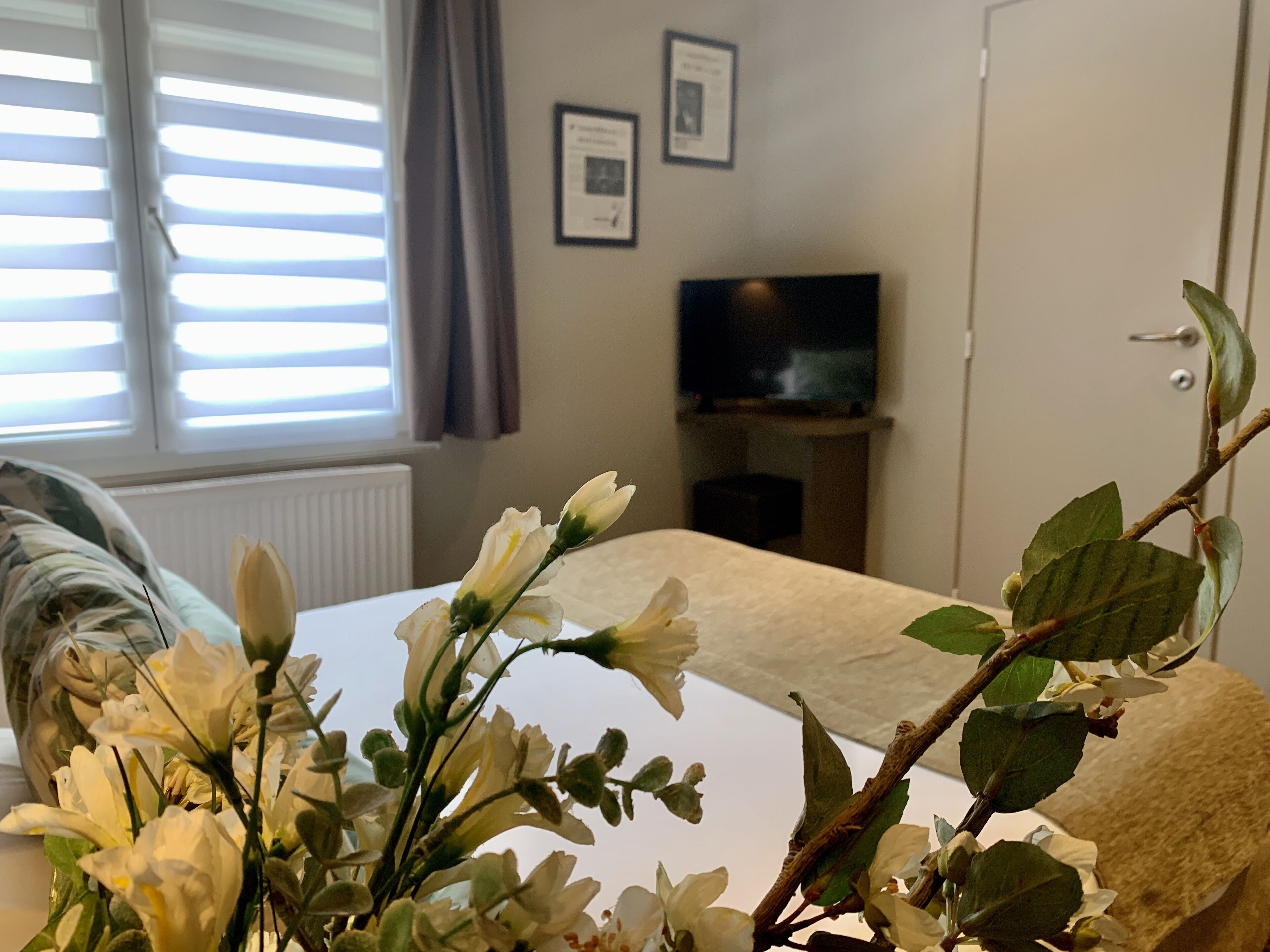 Une chambre d’hôtel équipée d’un lit, d’une télévision, d’une fenêtre avec des stores et d’un tableau accroché au mur.