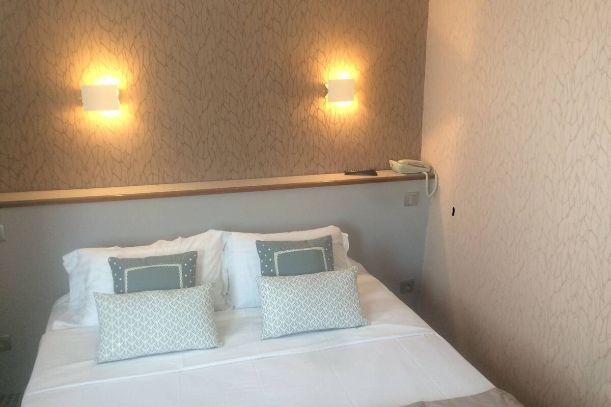 Une chambre d’hôtel avec un lit, deux coussins à motifs, une table de chevet avec un téléphone et des lampes fixées au mur.