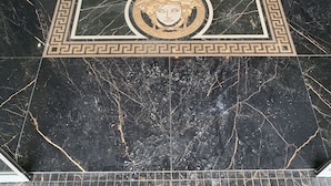 Un suelo de mármol negro con un borde decorativo y un emblema central.