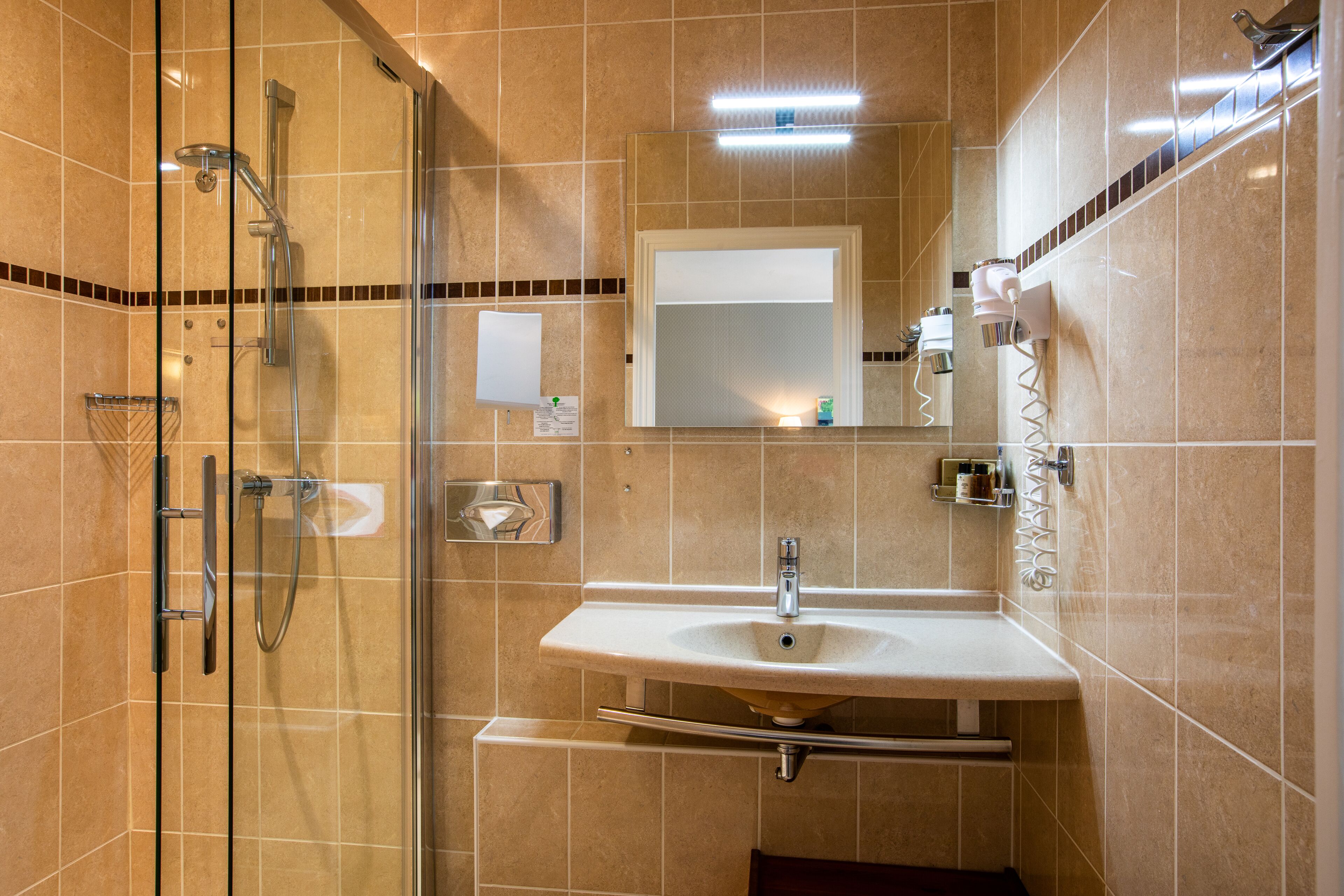 free toiletries, hair dryer, towels