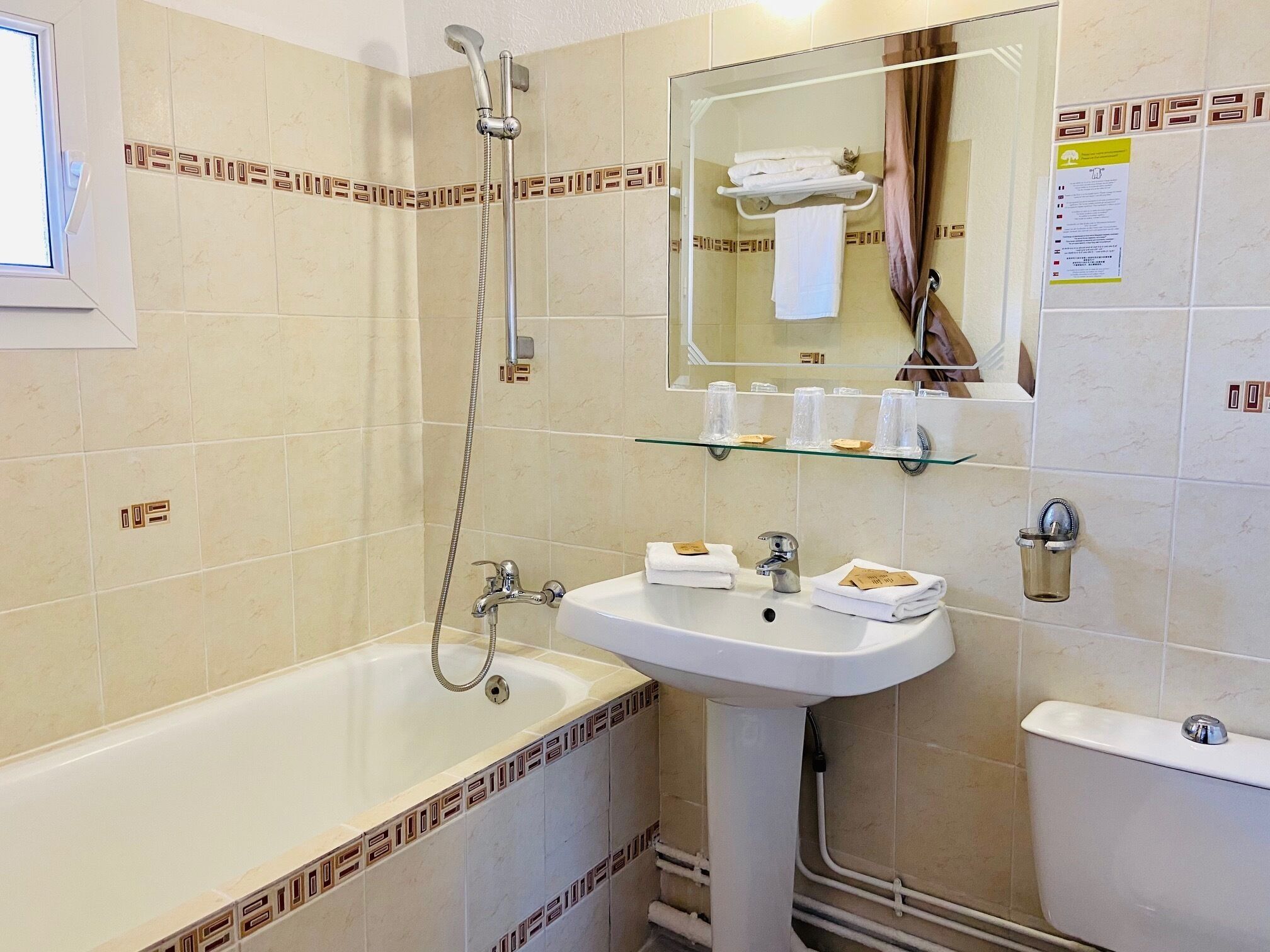 twin room | bathroom | hair dryer, towels, soap, shampoo