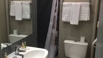 Un baño con lavamanos, inodoro y ducha. Hay toallas colgadas en la pared y un espejo sobre el lavamanos.