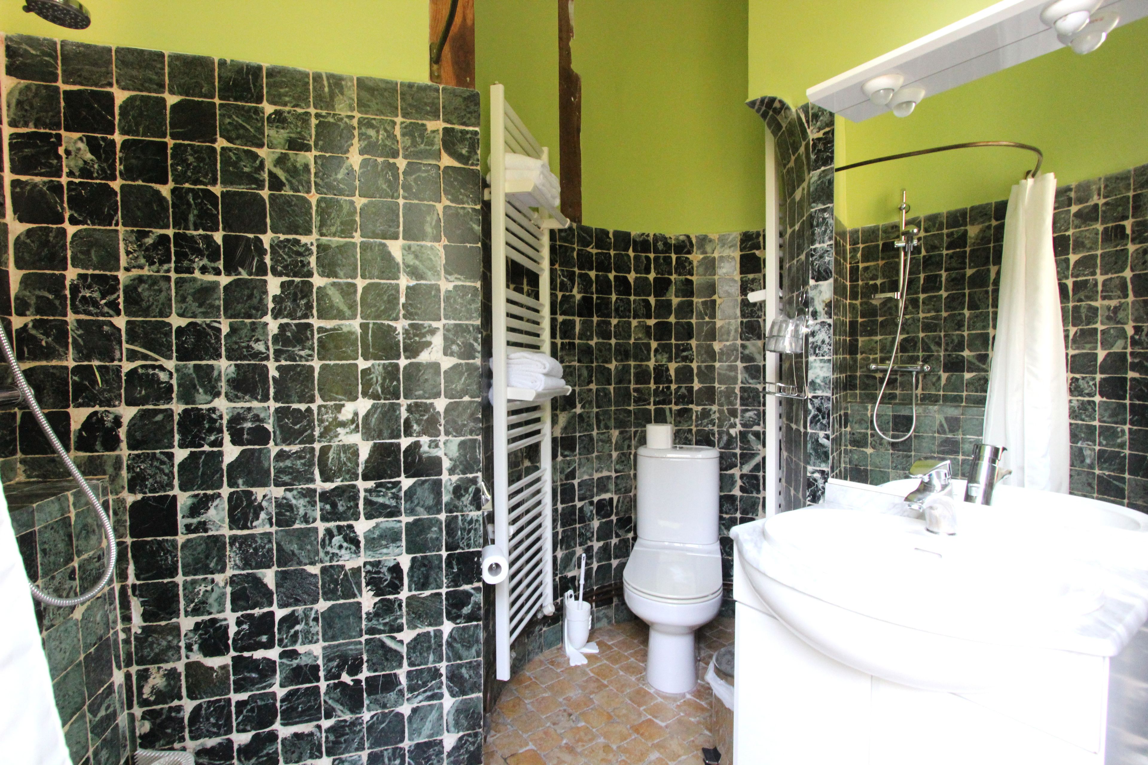 A bathroom with a toilet, sink, and shower. The walls are tiled with a dark pattern.