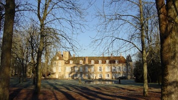 A large, historic building with symmetrical architecture, surrounded by a forested area with tall trees casting shadows on the ground.