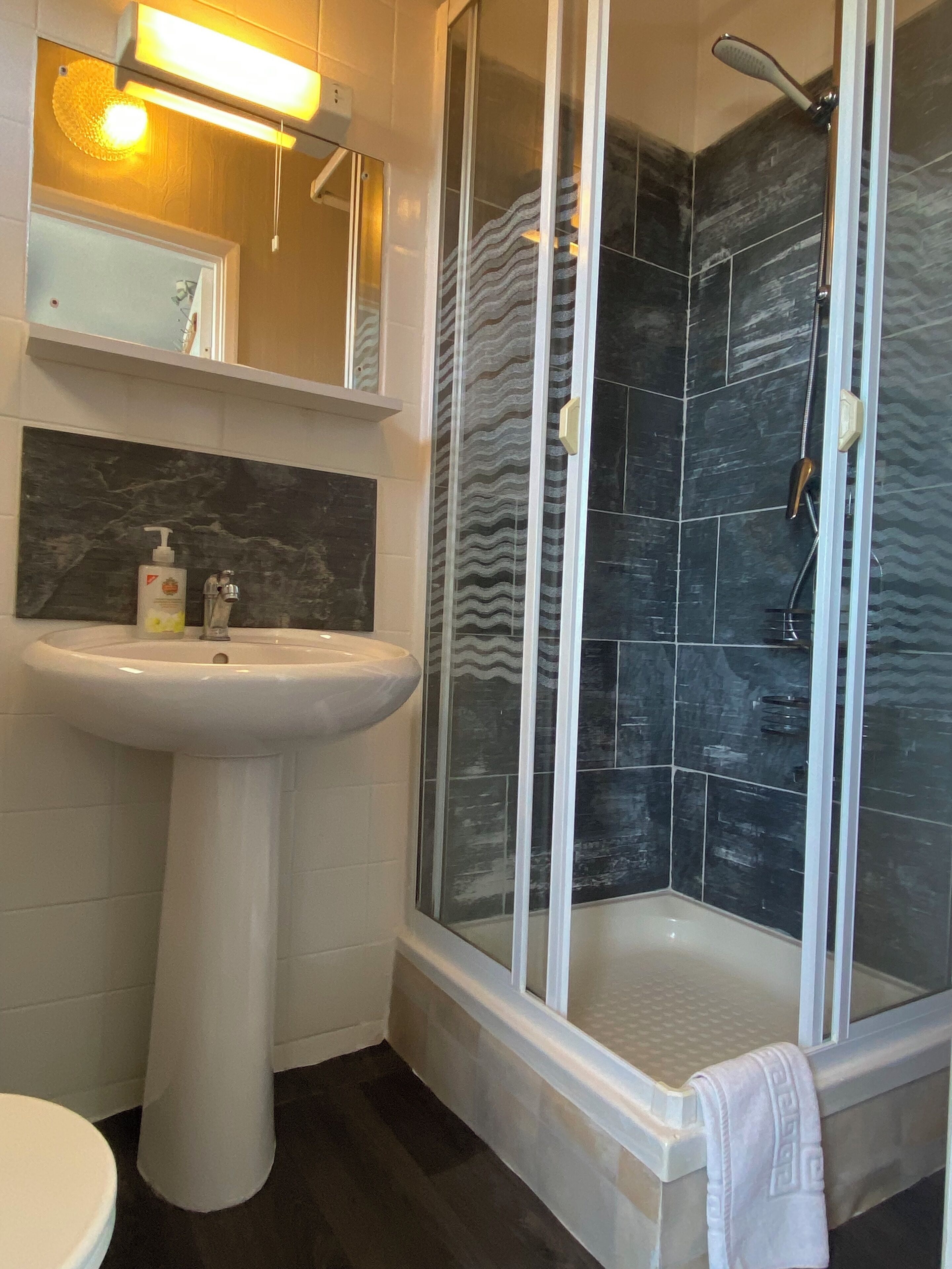 A bathroom with a pedestal sink, a glass-enclosed shower, and a mirror above the sink.