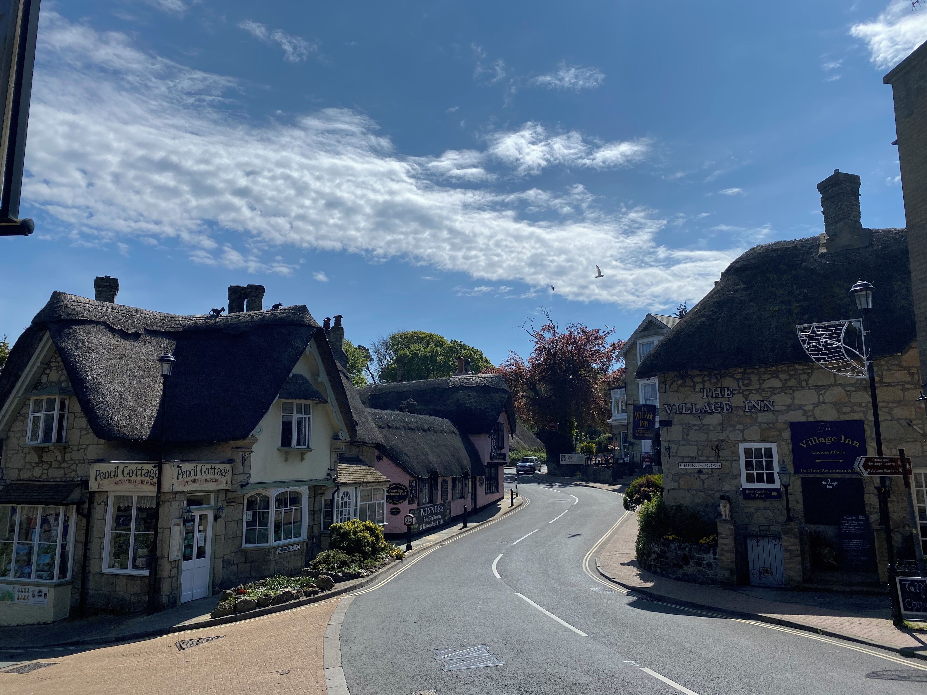 A street view with traditional thatched-roof cottages, a sign for 'The Village Inn', and a clear blue sky.