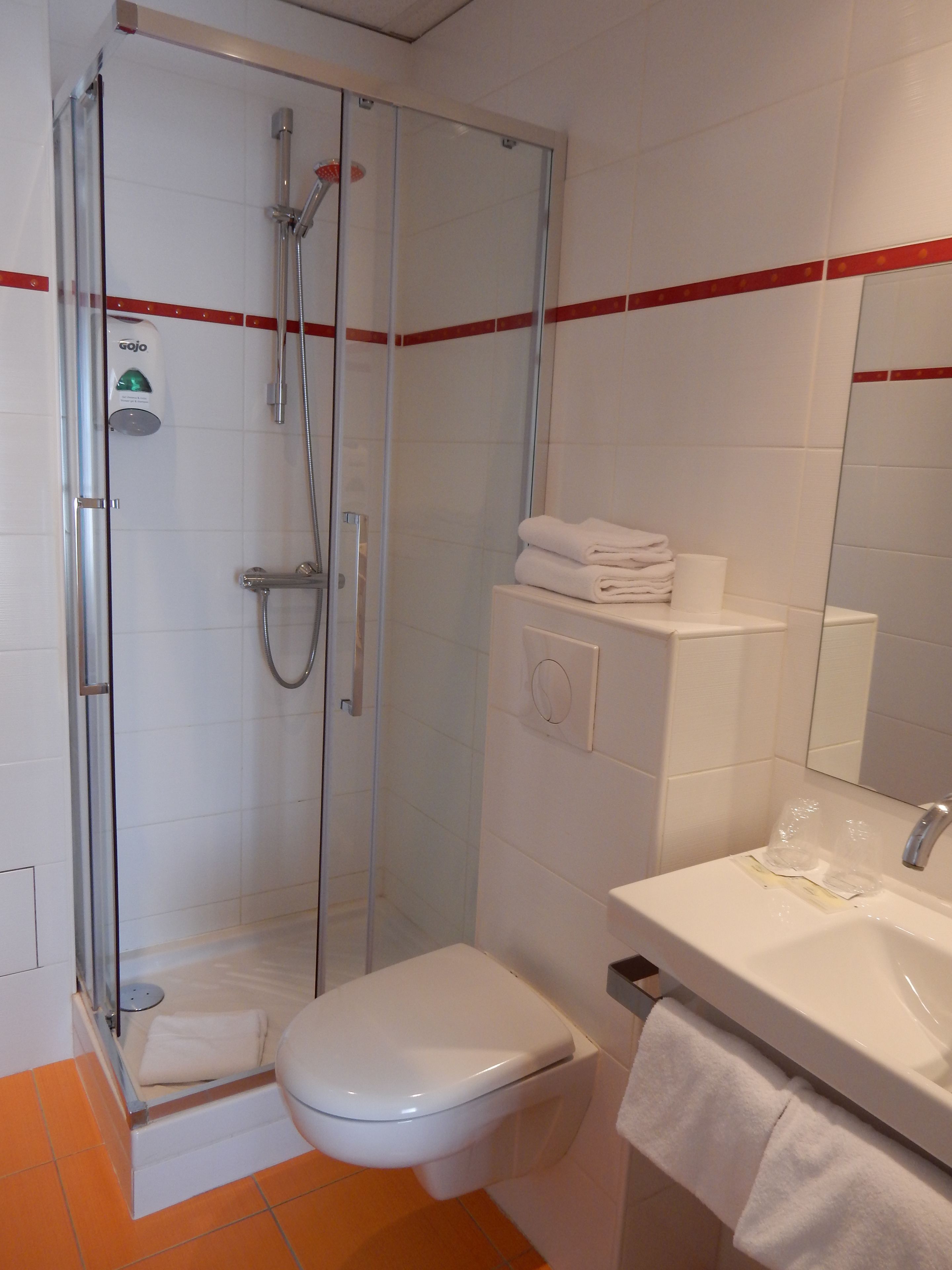 Un bagno con doccia vetrata, un WC bianco e un lavandino con specchio.