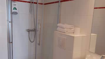 A bathroom with a glass-enclosed shower, a white toilet, and a sink with a mirror.