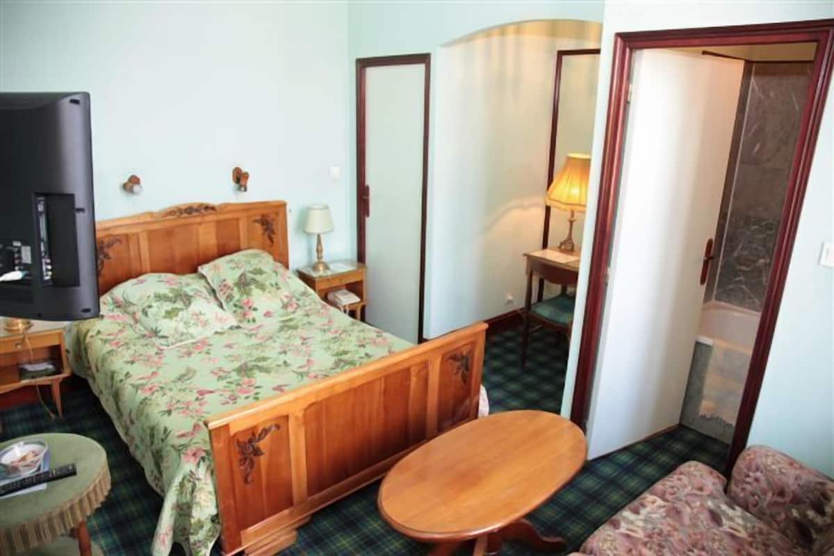 A room with a wooden bed, a television, a small table, and a chair.