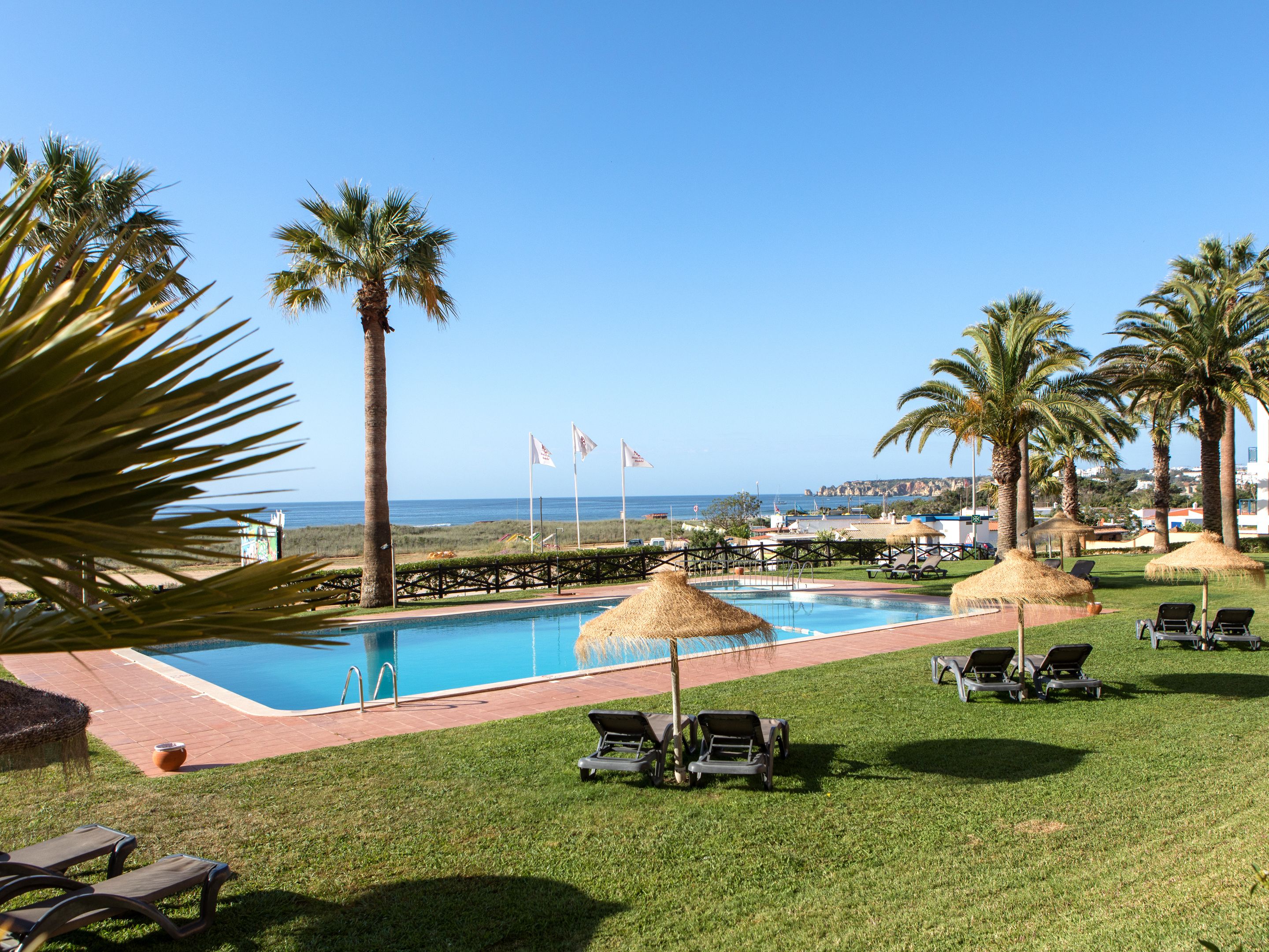 Área de piscina com espreguiçadeiras e palmeiras, com vista para uma praia e oceano.