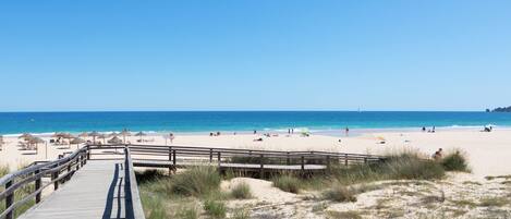 Una playa con un paseo marítimo de madera que conduce a la orilla, arena y cielo azul claro.