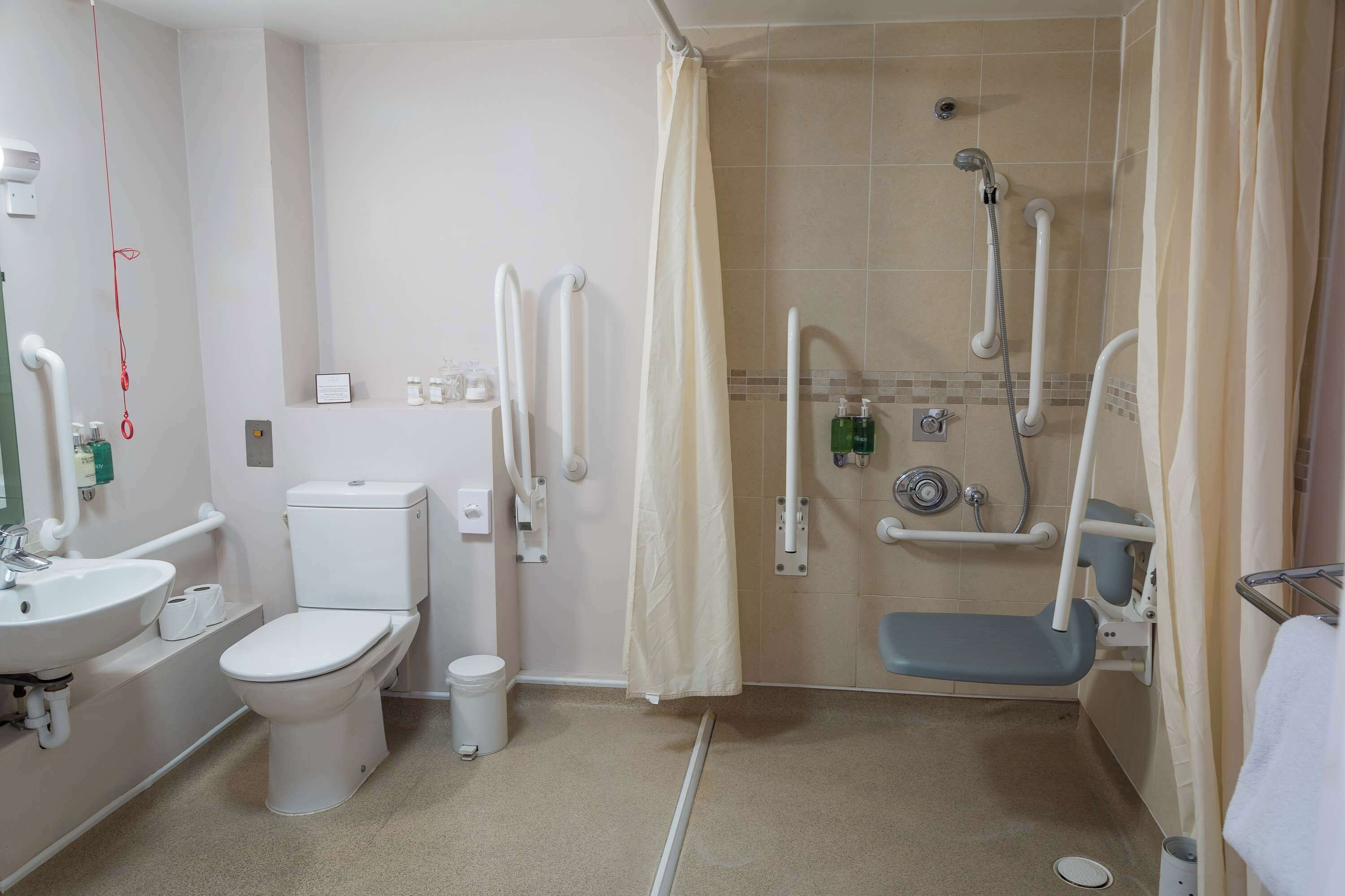 Une salle de bain équipée de toilettes, d’un lavabo, d’une douche et de barres d’appui.