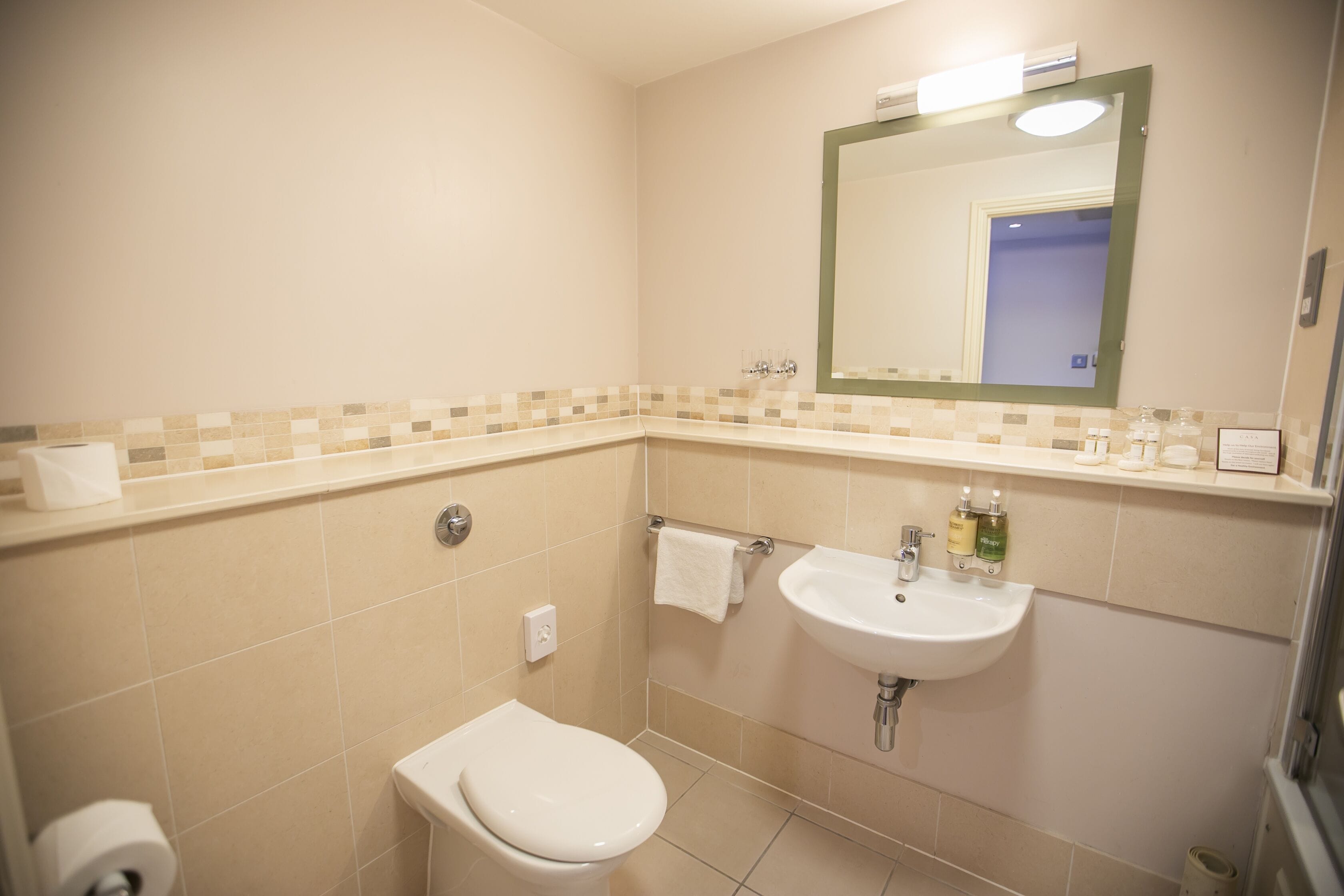 A bathroom with a toilet, sink, and mirror.