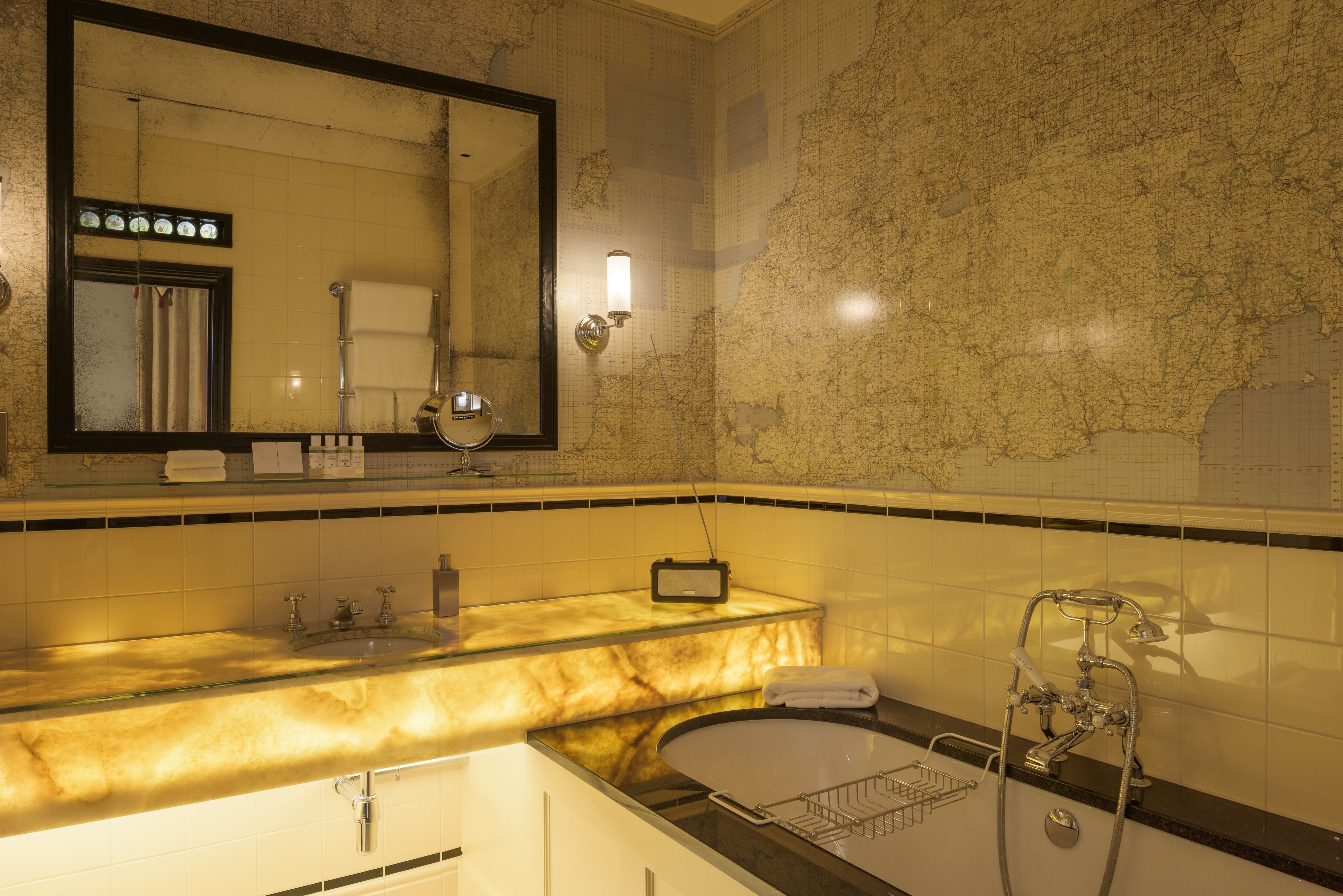 Shower, rainfall showerhead, designer toiletries, hair dryer
