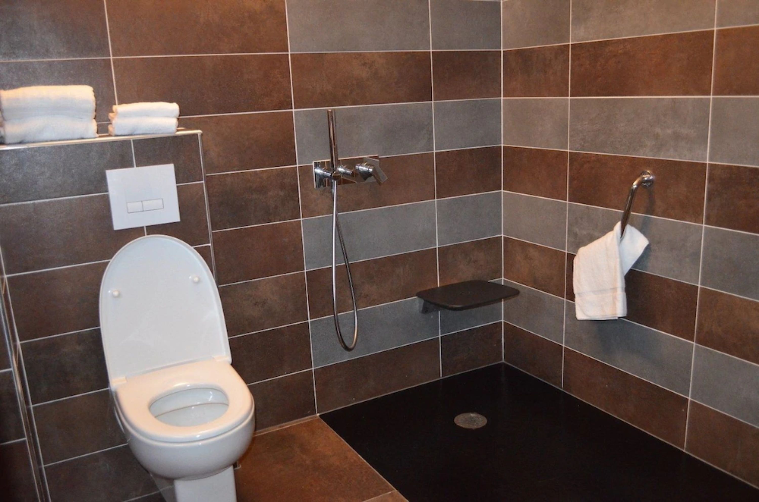 A bathroom with a toilet, a shower, and a towel rack.