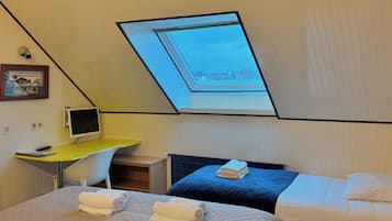 A room with two beds, a desk, a chair, a skylight, and a framed picture on the wall.