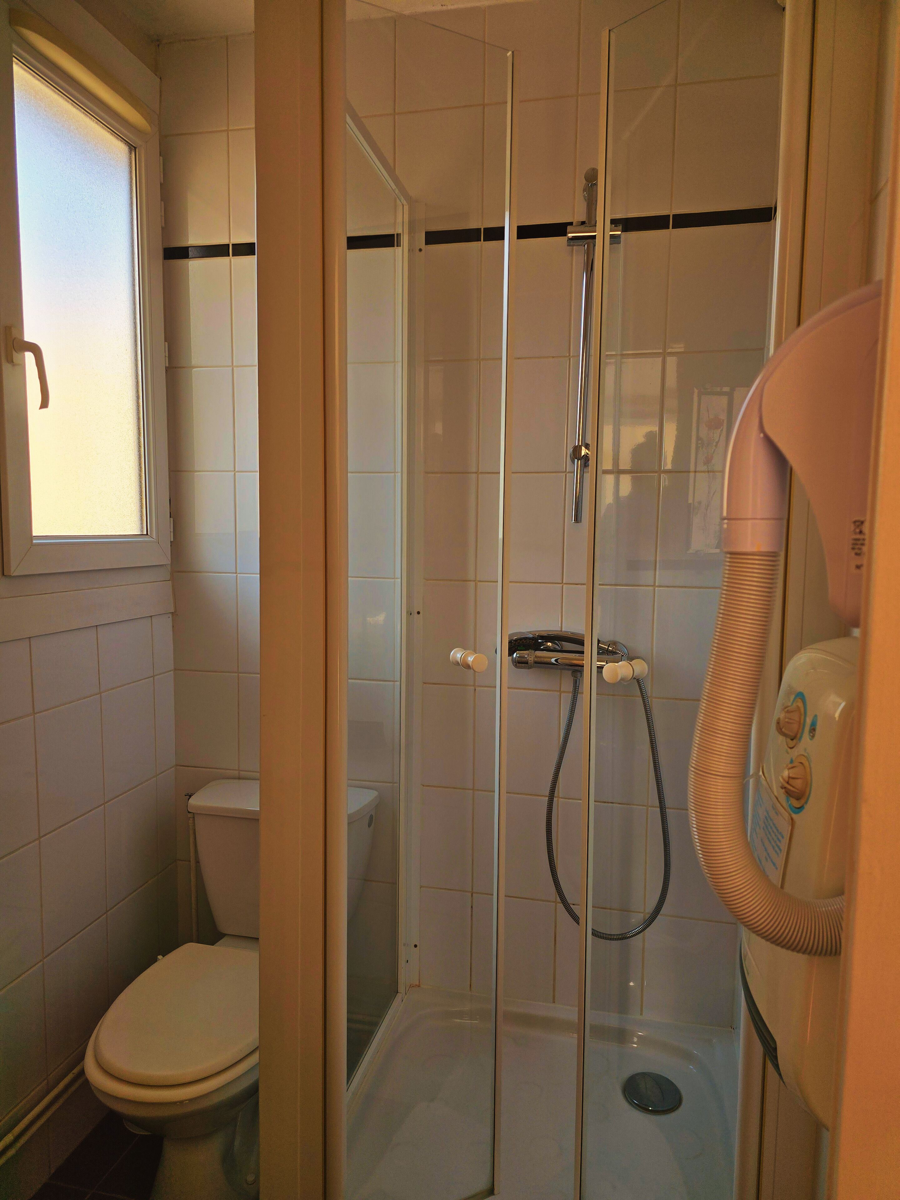 A small, enclosed shower area with a glass door, a toilet, and a hairdryer on a stand.
