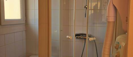 A small, enclosed shower area with a glass door, a toilet, and a hairdryer on a stand.