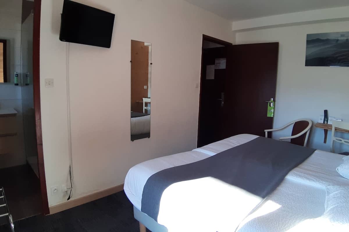 Une chambre d’hôtel comprenant un lit, un bureau, une chaise, une télévision et une salle de bain.