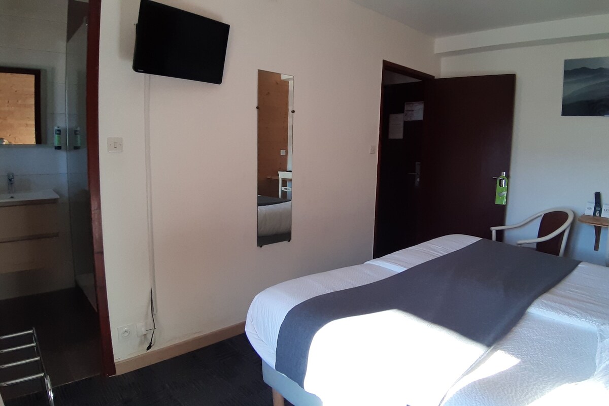 A hotel room with a bed, a desk, a chair, a TV, and a bathroom.