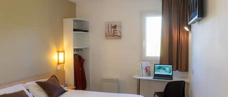 Desk, blackout curtains, soundproofing, iron/ironing board