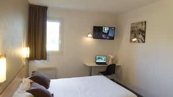 Desk, blackout curtains, soundproofing, iron/ironing board