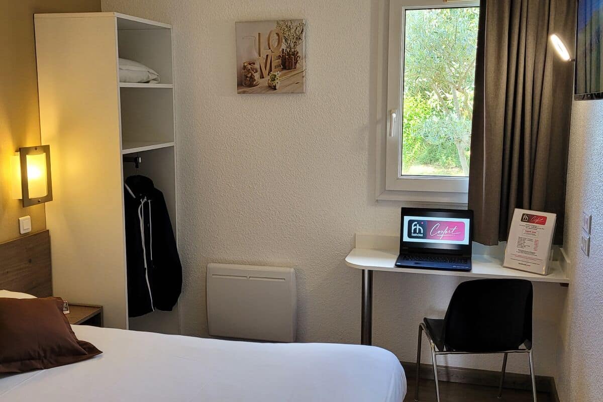 Desk, blackout curtains, soundproofing, iron/ironing board