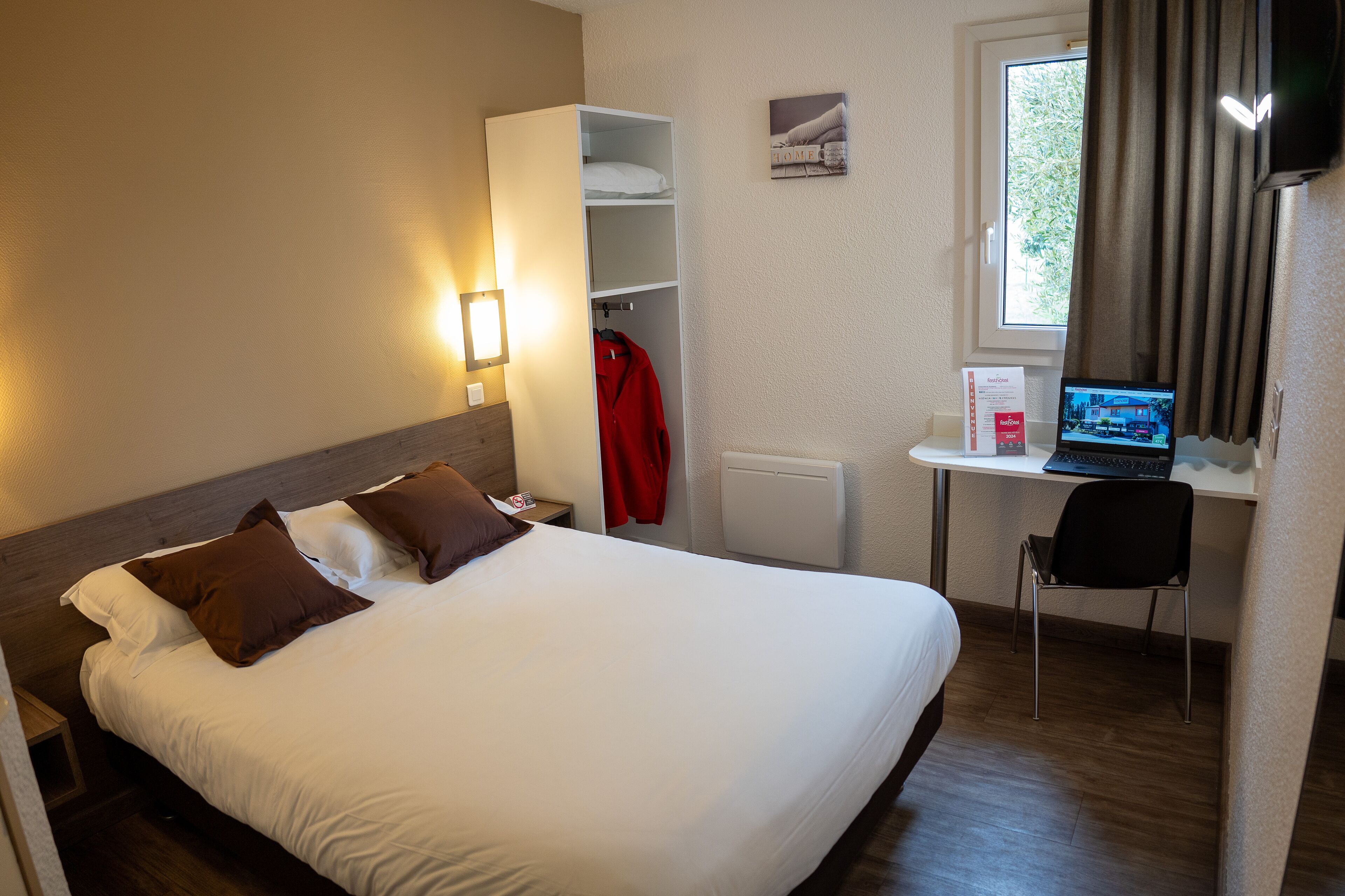 Desk, blackout drapes, soundproofing, iron/ironing board