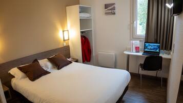 Desk, blackout drapes, soundproofing, iron/ironing board