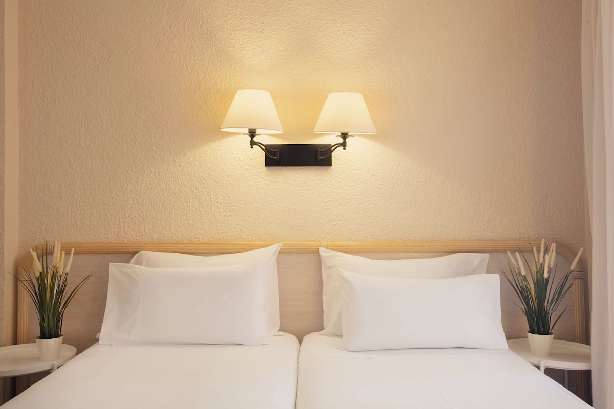 Une chambre d’hôtel avec deux lits, un luminaire fixé au mur et deux tables de chevet ornées de plantes en pot.