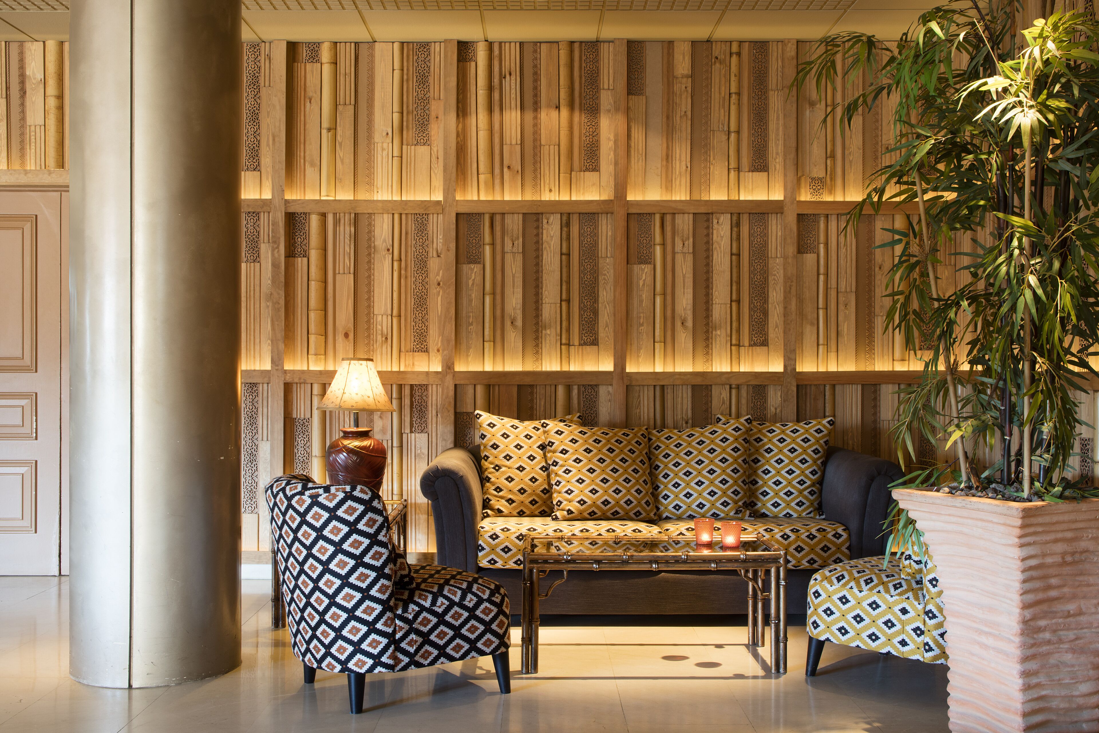 A modern living room with a sofa, patterned cushions, a coffee table, a lamp, and a potted plant.