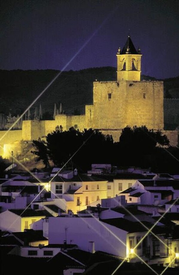 A historic stone castle with a prominent tower, surrounded by a town with white buildings and street lamps. - Hostal Colón (Antequera)