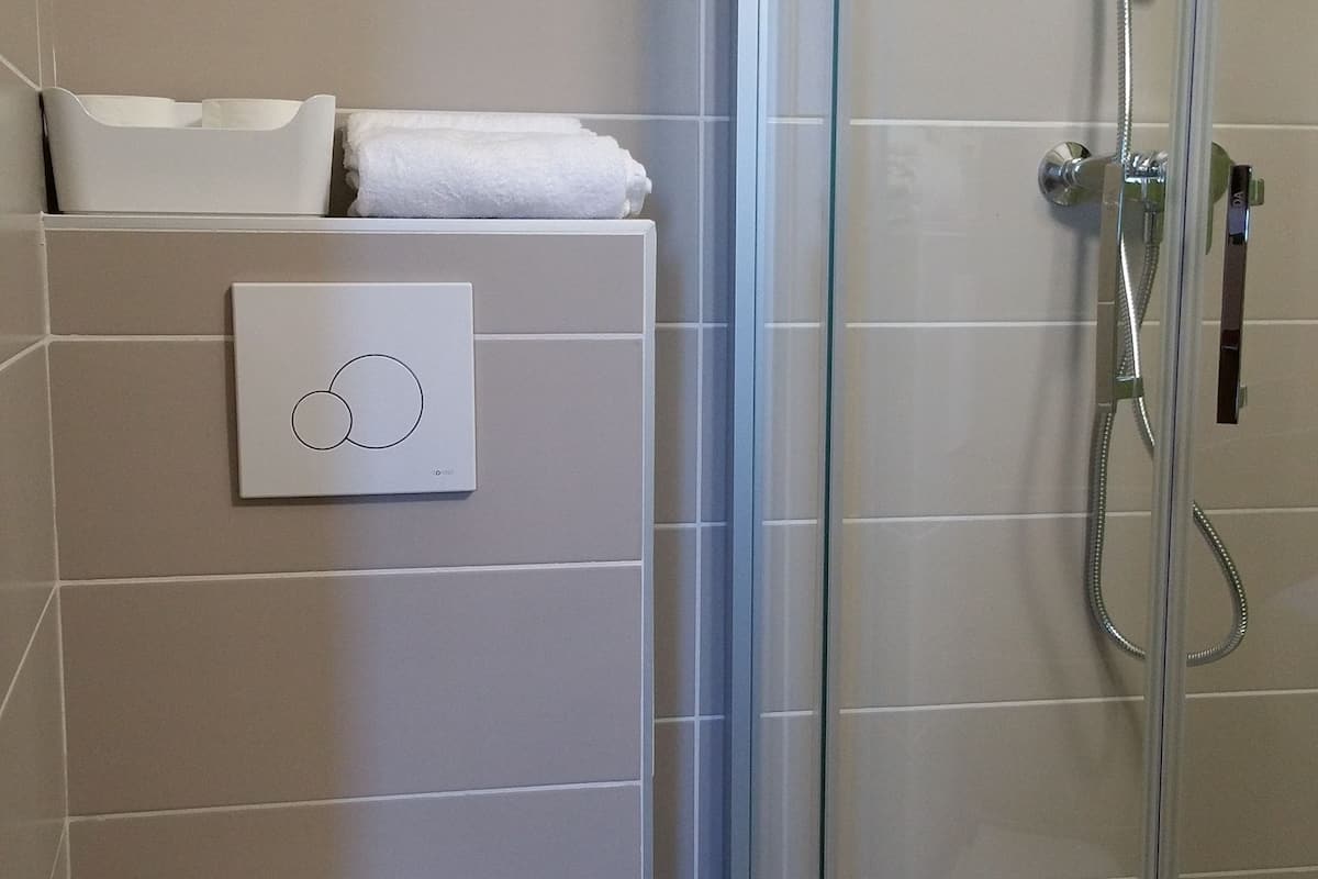 standard double room | bathroom | shower, free toiletries, hair dryer, towels