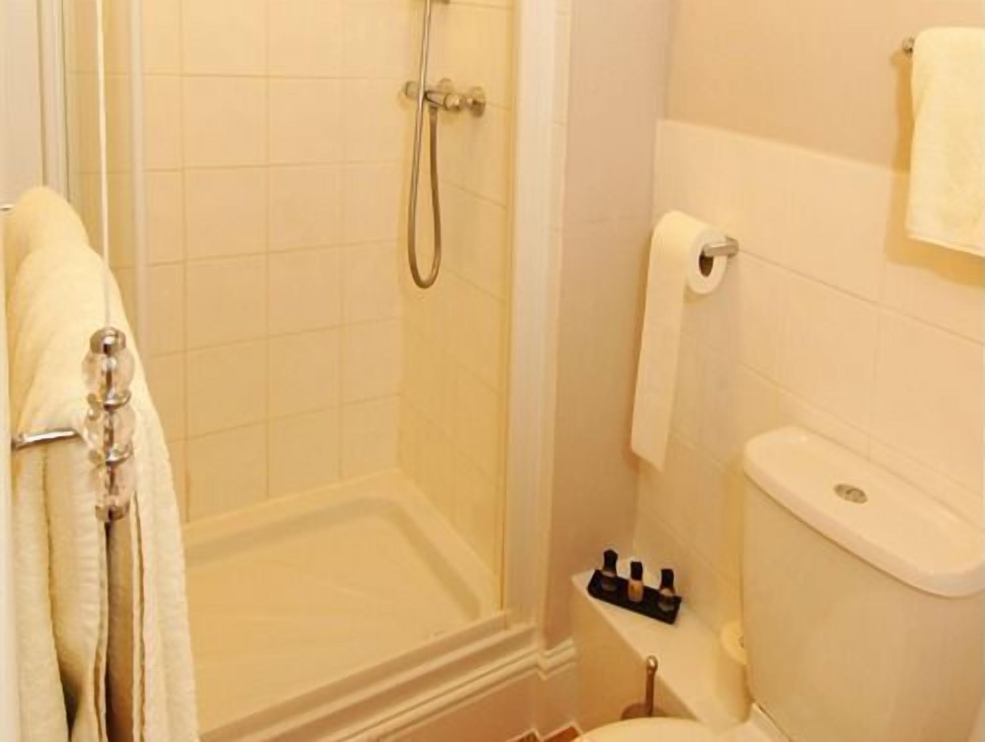 A bathroom with a glass shower enclosure, a toilet, and a towel rack.