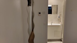 Ein Schlafzimmer mit Bett, Holzboden, an der Wand befestigtem Fernseher, sichtbarem Badezimmer durch eine geöffnete Tür und einem einzigartigen, gewellten Spiegel.