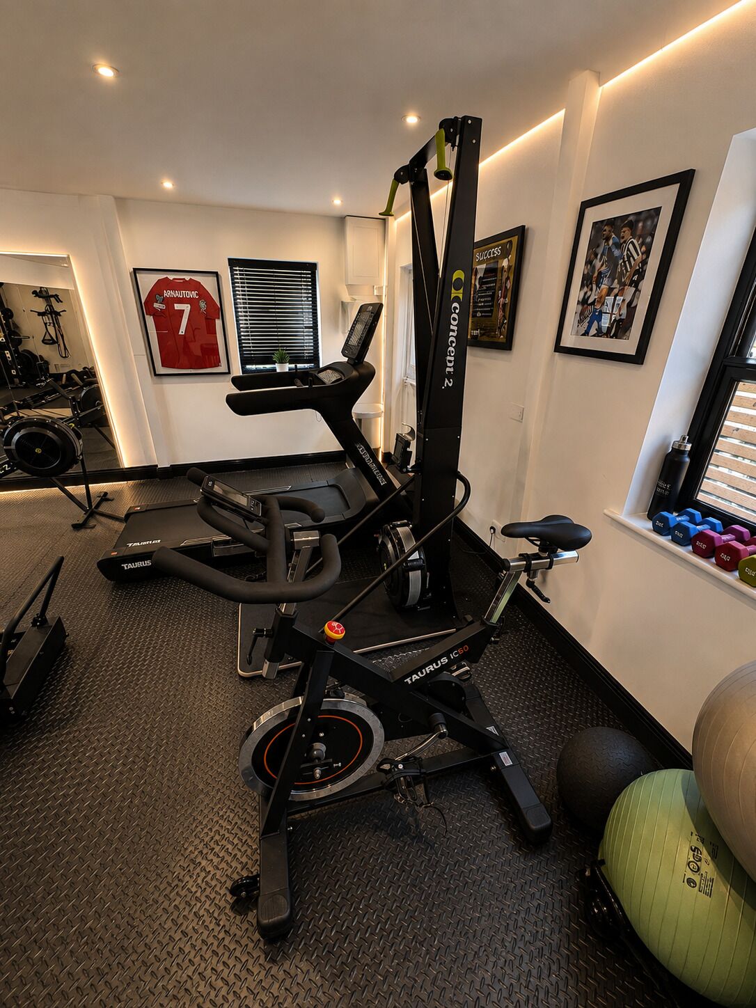 A home gym with a treadmill, stationary bike, and various weights.