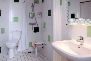 Shower, free toiletries, hair dryer, towels