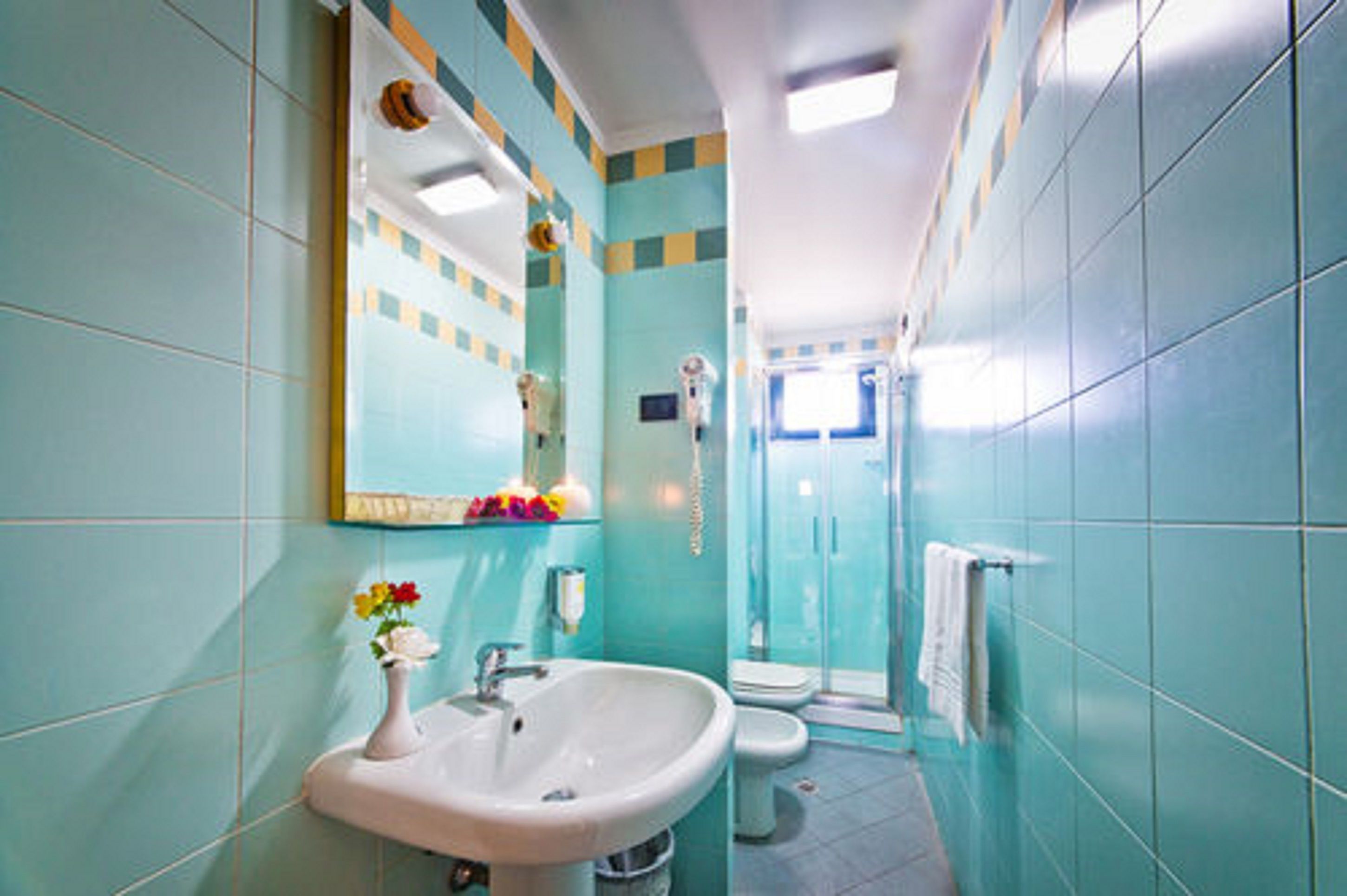 Un baño con lavabo, espejo, inodoro y ducha.