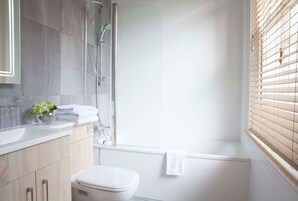 Un baño moderno con cabina de ducha de vidrio, inodoro blanco y lavamanos con una planta.