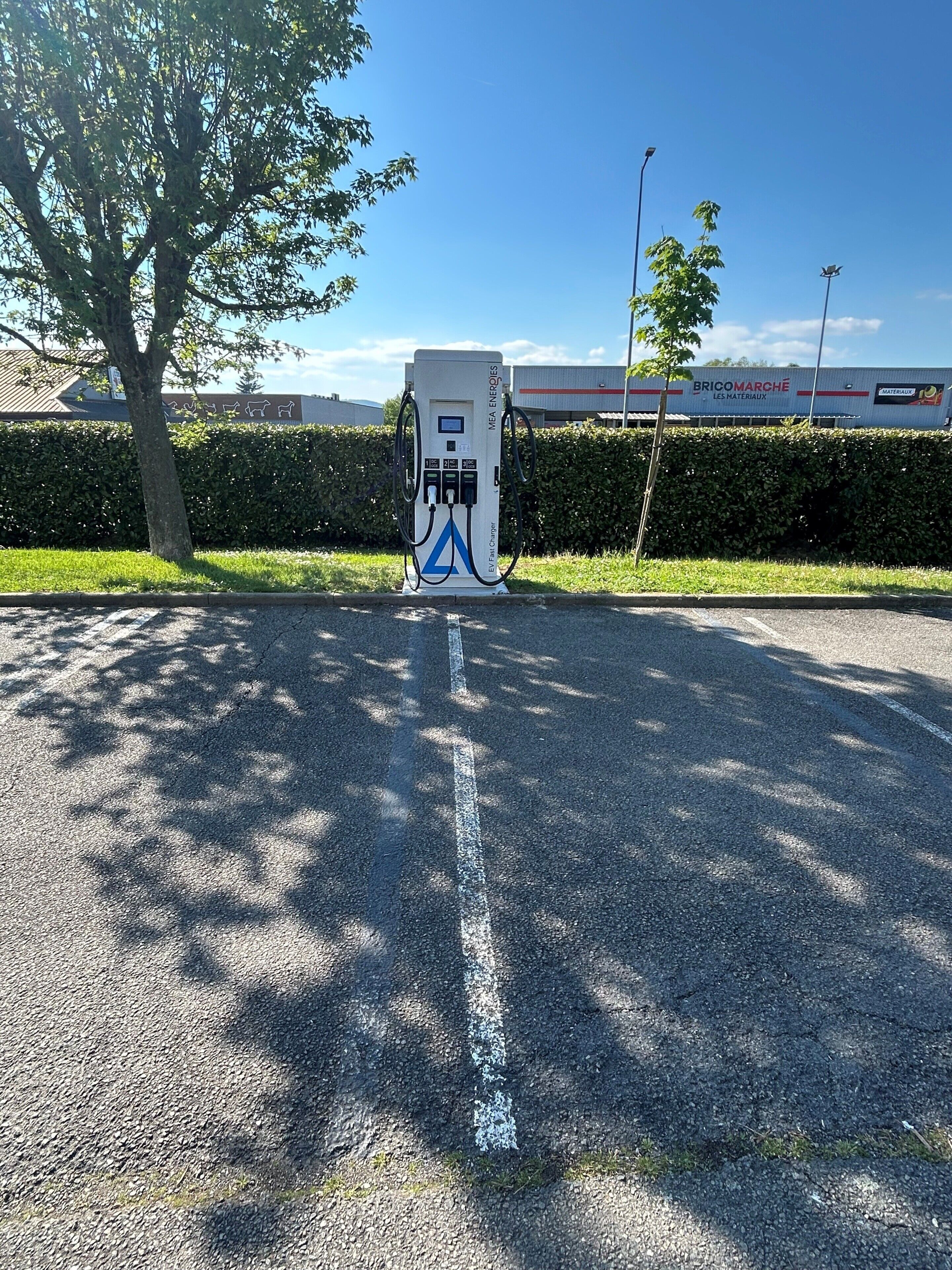 Een laadstation voor elektrische voertuigen op een parkeerplaats, met een haag en een boom op de voorgrond.