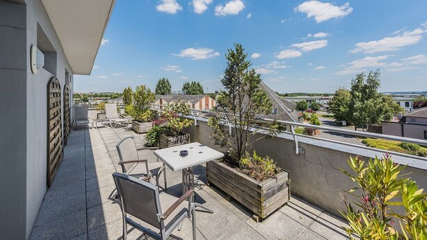 Una terraza en la azotea con mobiliario exterior, macetas y vistas del barrio circundante.