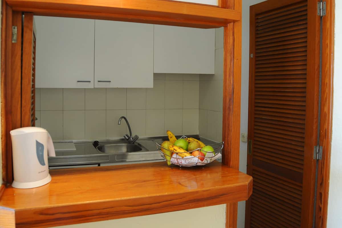 Una cocina con encimera de madera, un lavabo y un frutero.