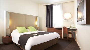 Desk, blackout curtains, soundproofing, travel cot