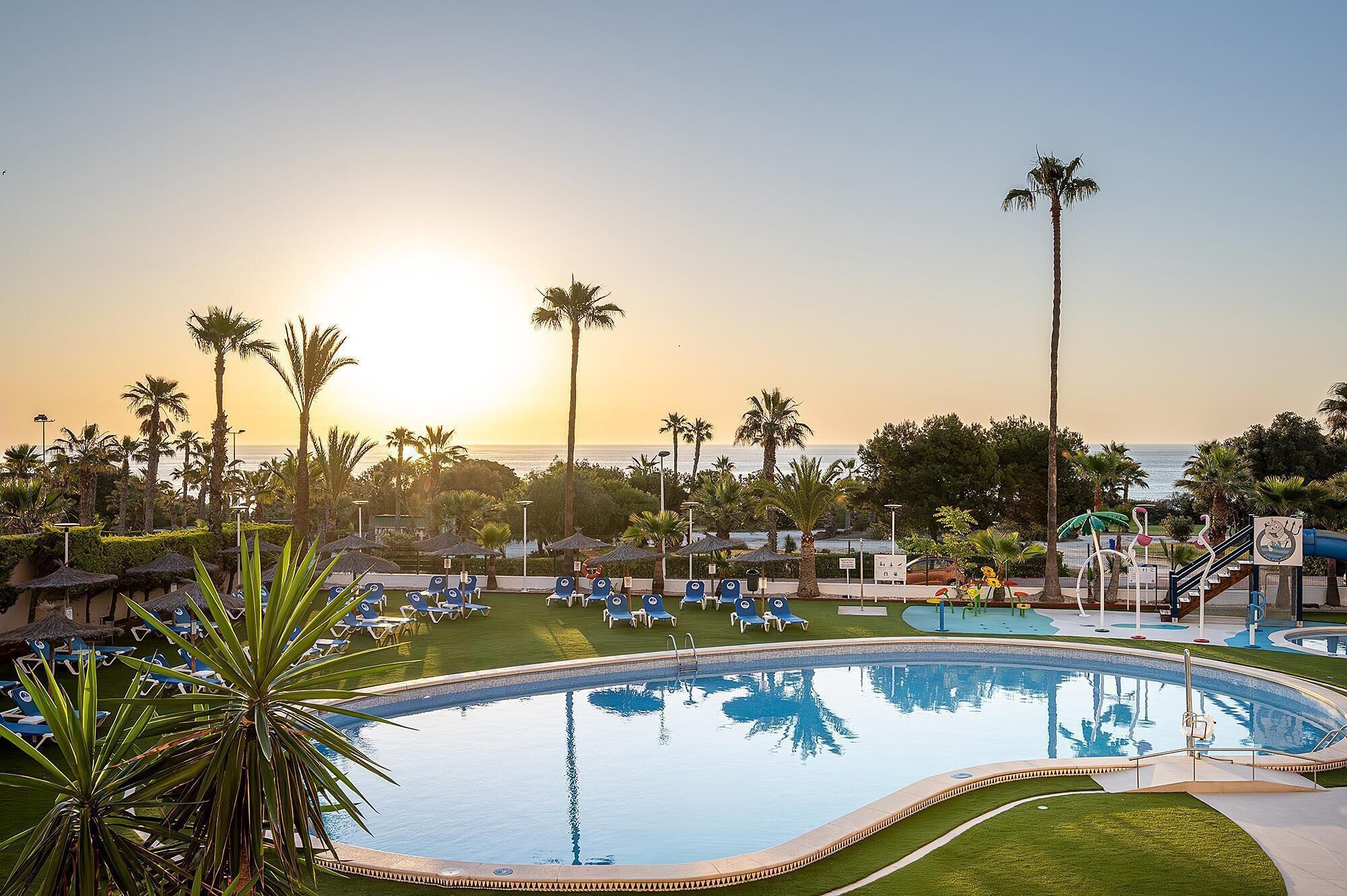 A pool area with lounge chairs and palm trees, overlooking a body of water.